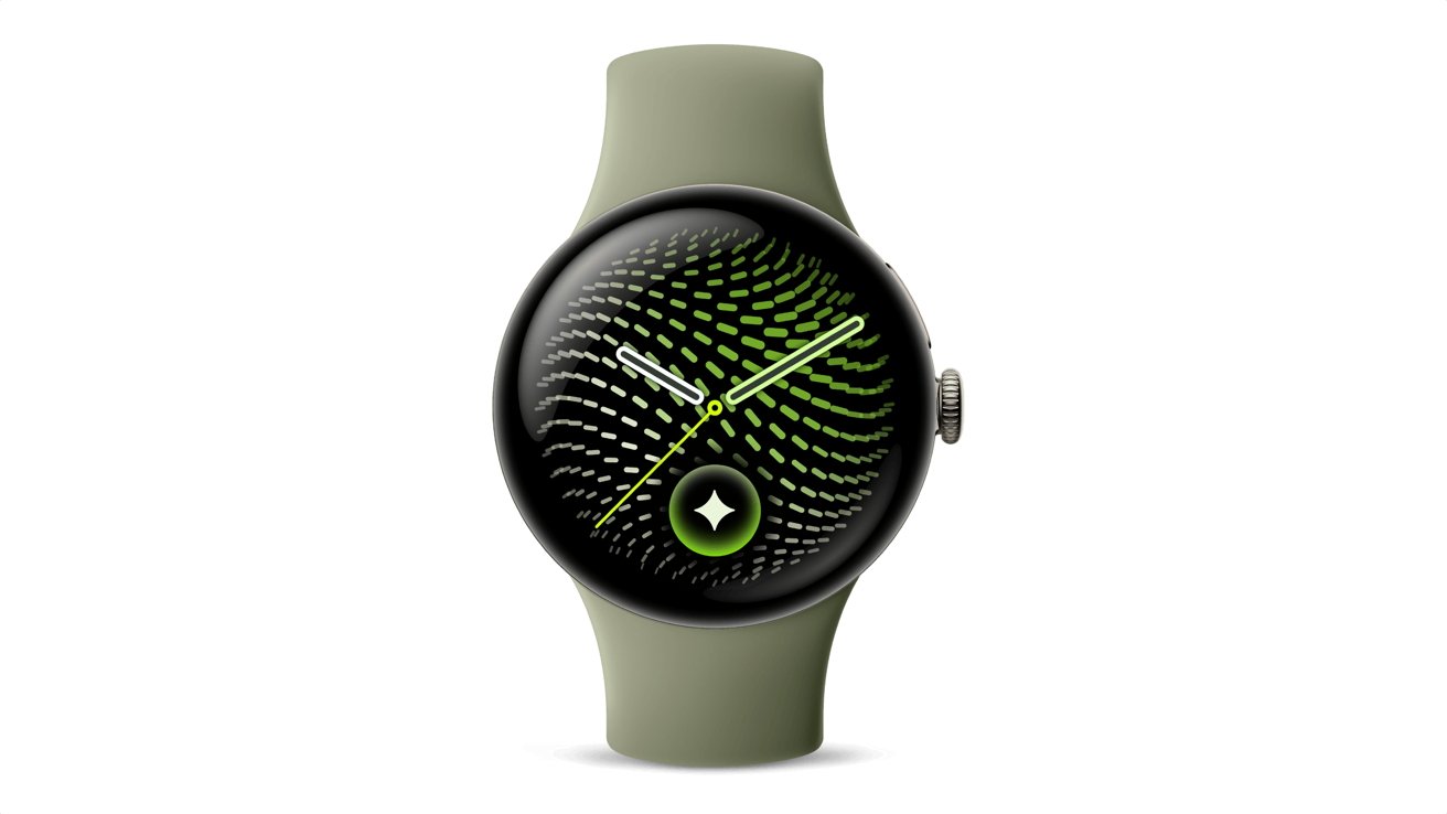 Round smartwatch with olive-green band, black and neon green patterned watch face, slim analog-style hands, and a small circular icon near the bottom against a plain white background