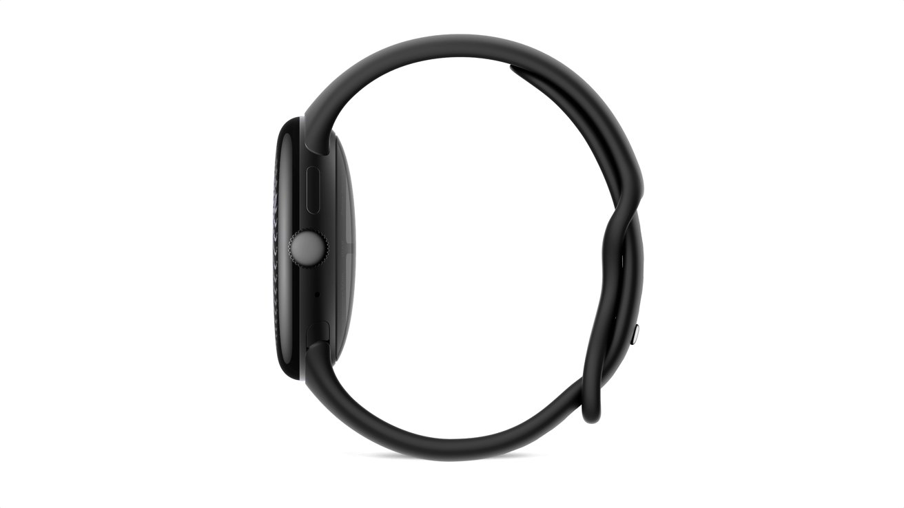 Side view of a slim black smartwatch with a rounded rectangular face, single crown button, and curved silicone band forming an oval shape against a plain white background