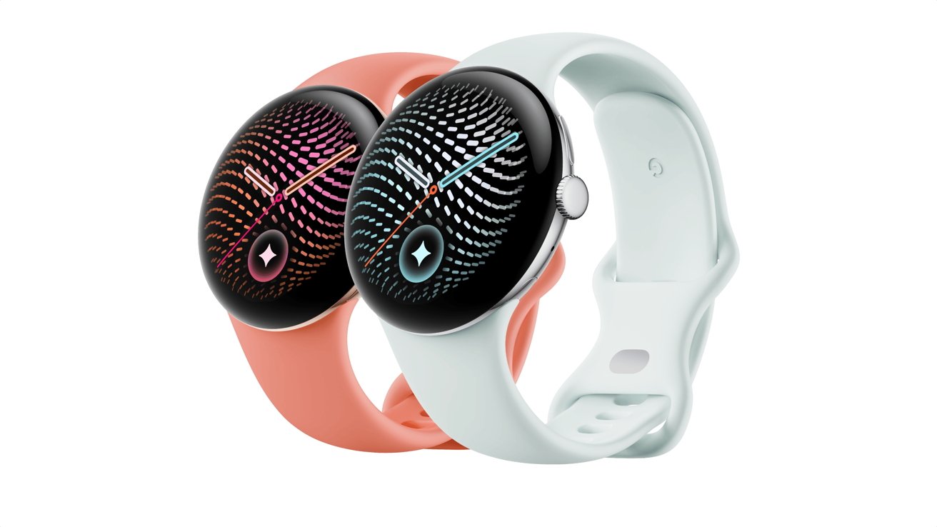 Two sleek smartwatches with round black screens and colorful swirling patterns, one with a soft coral band and the other with a pale mint band, displayed side by side