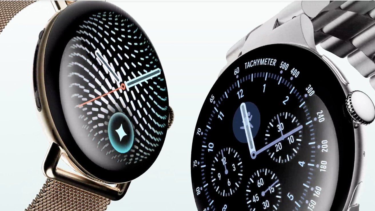 Two modern smartwatches side by side, one with a black abstract patterned digital display, the other with a dark analog-style face and multiple dials, both featuring metal bands
