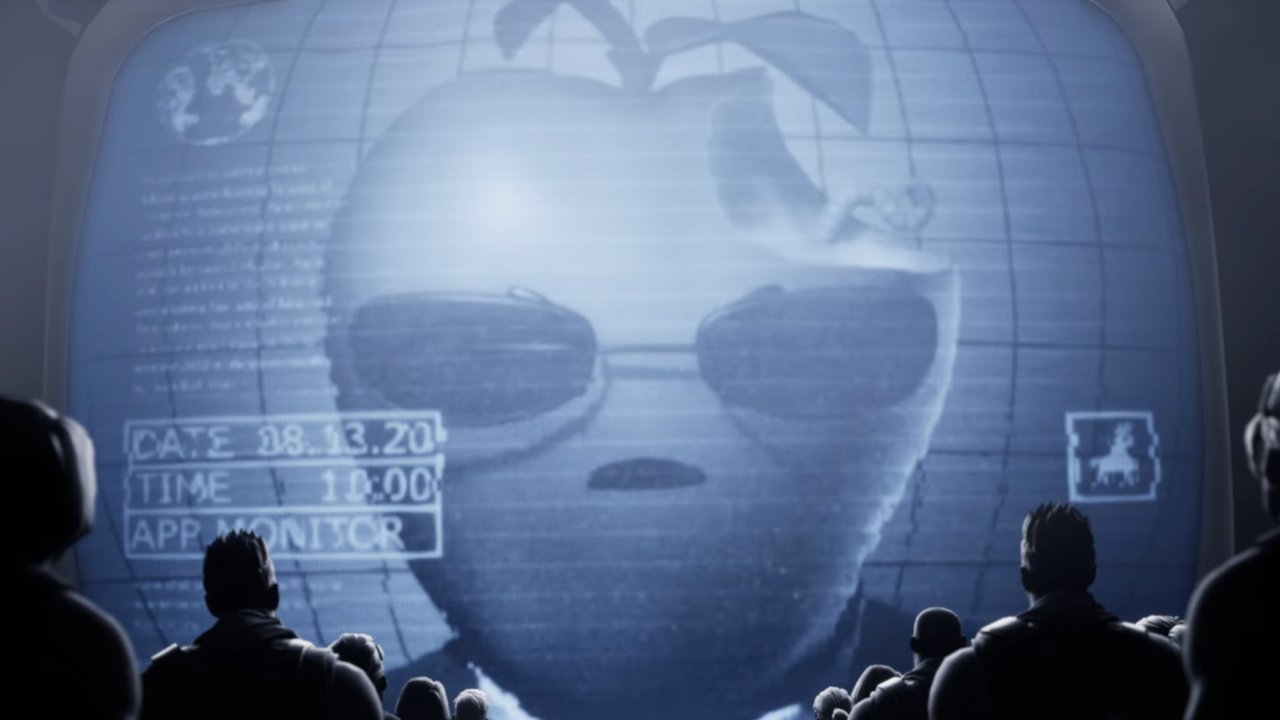 Large screen showing a giant apple with sunglasses and a stern face, watched by a crowd in a dark room, evoking a dystopian surveillance or propaganda scene
