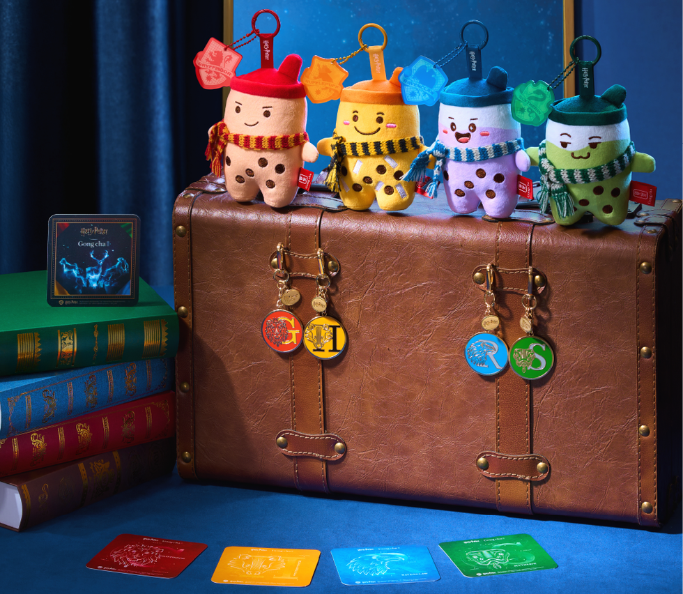 Colorful plush keychains themed around Harry Potter on a suitcase with books and collectible cards.