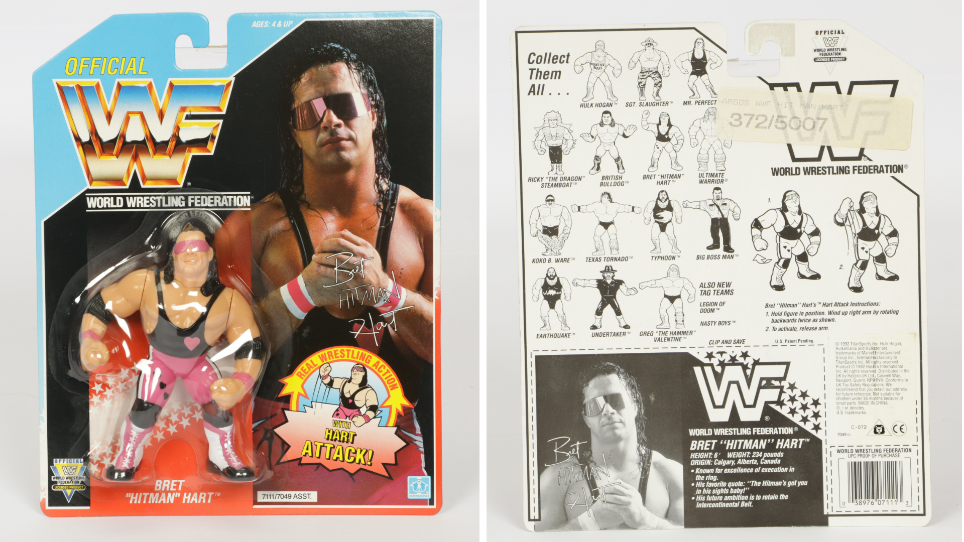 The Bret Hart figure in its packaging. The figure has a pink and black leotard on and has long black hair and is wearing his trademark pink sunglasses. The figure in encased ina plastic bubble on a car backing sporting a photo of Bret with the WWF logo. The back of the card is next to it and shows a variety of other figures available.