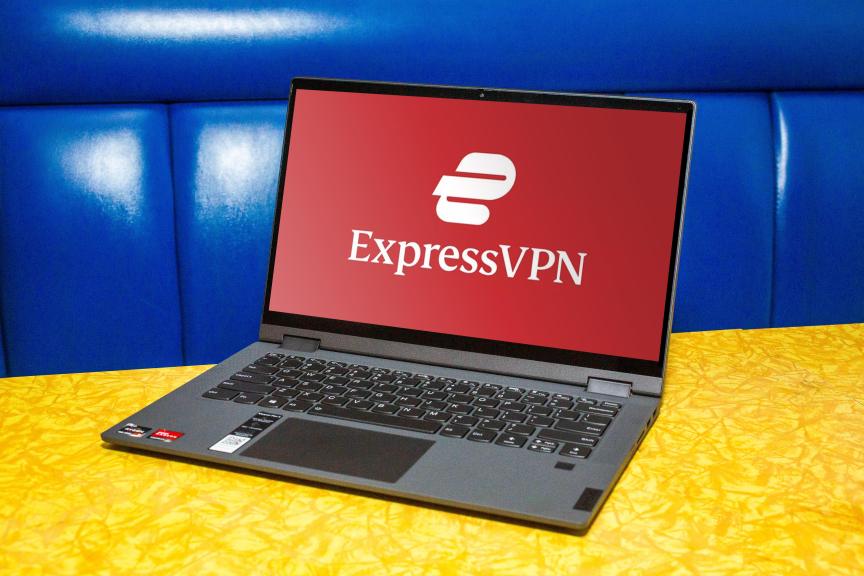 ExpressVPN logo on a MacBook computer.