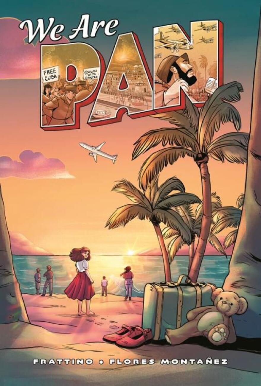 Book cover showing a graphic of people on the beach and plane in the air with lettering saying "We Are Pan"