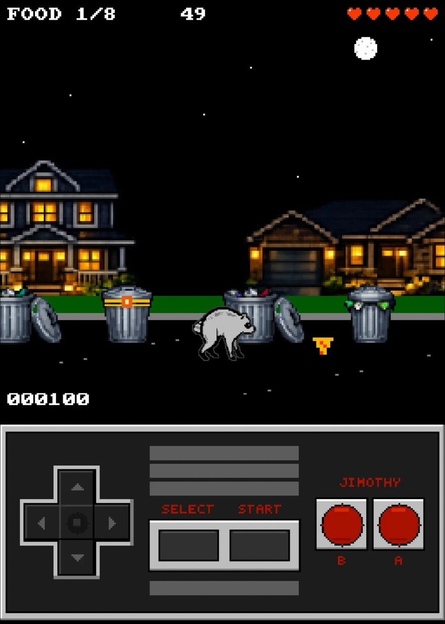 A screenshot from the online video game shows Jimothy searching for food in garbage cans.