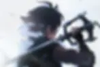 Anime-style warrior with dark hair and fur collar holds a sword over his shoulder against a bright white background.