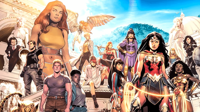 Wonder Woman characters together.