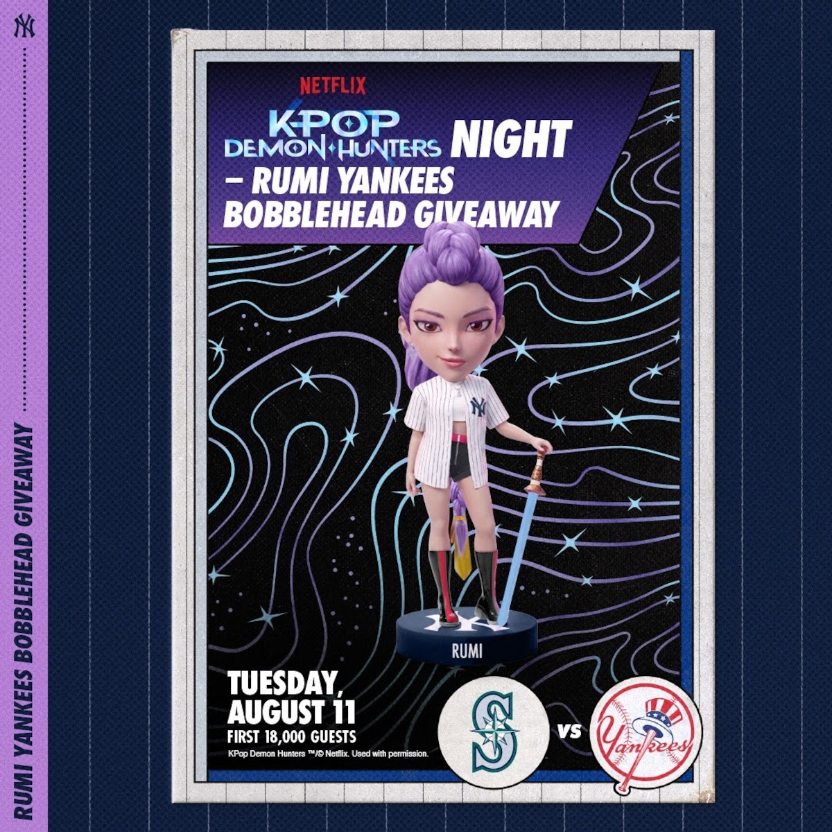 Poster for Netflix K-Pop Demon Hunters Night Rumi Yankees Bobblehead Giveaway, featuring a Rumi bobblehead in a Yankees uniform, with cosmic background. Event on Tuesday, August 11, Yankees vs Mariners, first 18,000 guests.