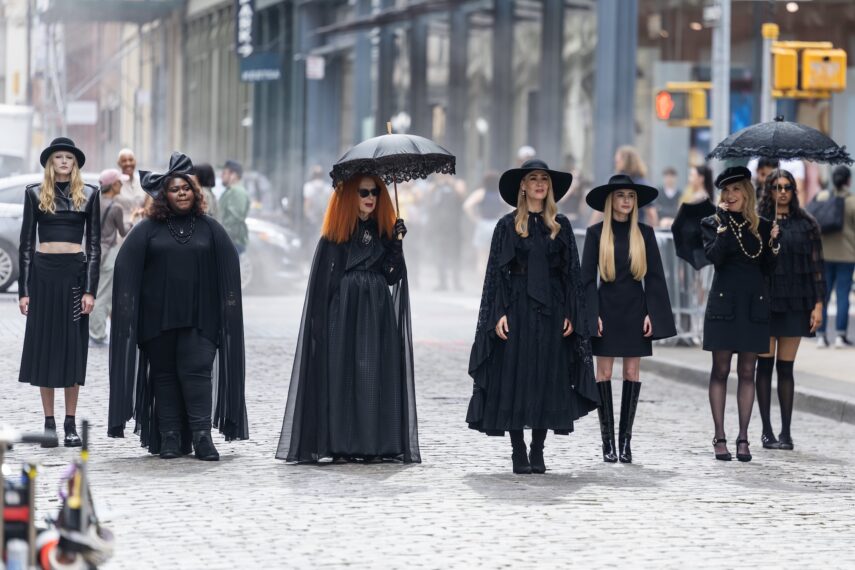 NEW YORK, NEW YORK - JULY 09: (L-R) Alex Consani, Gabourey Sidibe, Frances Conroy, Sarah Paulson, Emma Roberts, Leslie Grossman and Avantika Vandanapu are seen filming "American Horror Story" in SoHo on July 09, 2026 in New York City. (Photo by TheStewartofNY/GC Images)