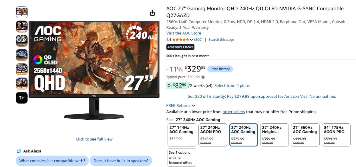 An AOC 27-inch gaming monitor is displayed with specifications 'QHD 2560x1440,' 'QD OLED,' and '240 Hz' alongside an image of a warrior character on the screen.
