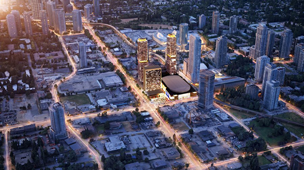The City Centre Arena and Cultural Event Centre is a proposed landmark project that will serve as the centrepiece of Surrey's emerging downtown entertainment district. It is planned for the southwest corner of King George Boulevard and 104 Avenue, directly across from Surrey Central SkyTrain Station.