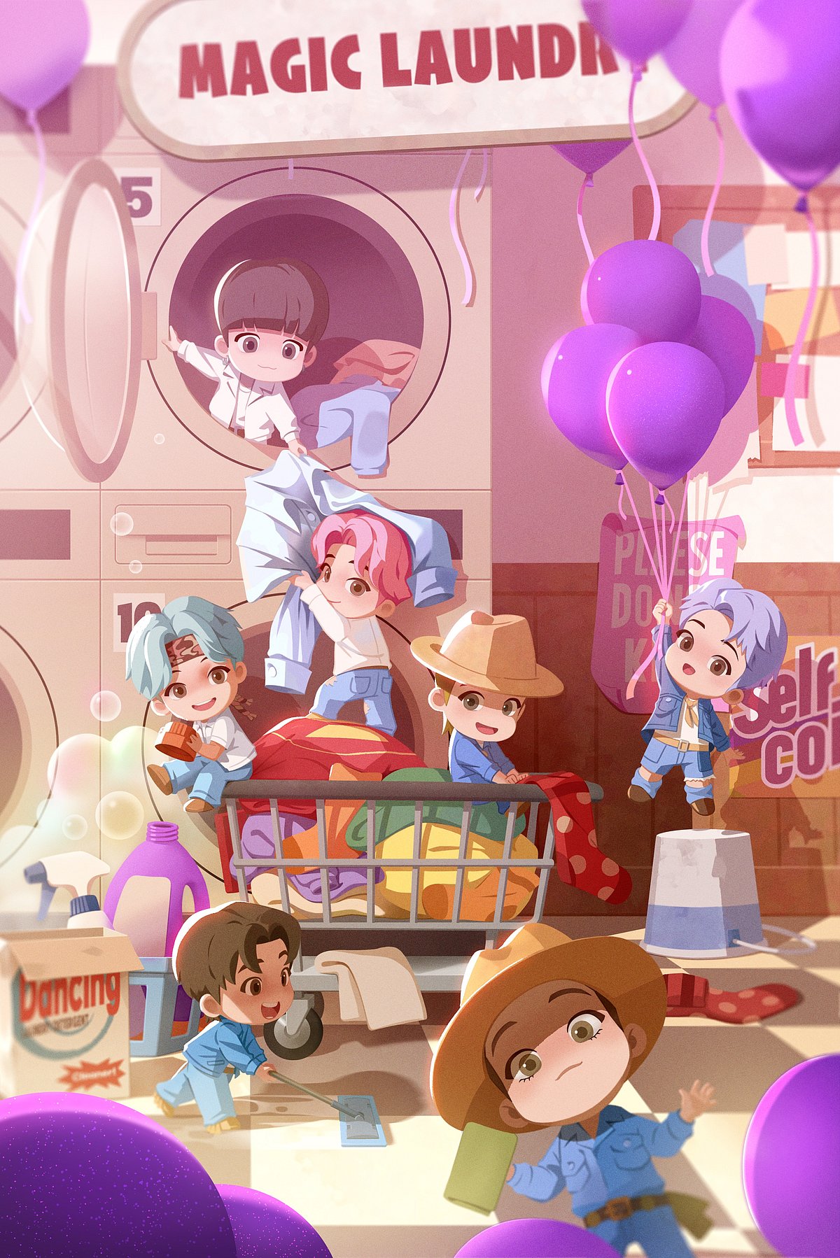 An illustration of seven TinyTAN chibi characters having fun in a bright, warm-toned laundromat labeled 'MAGIC LAUNDRY'. One character floats while holding a bundle of purple balloons, others play around a colorful laundry cart, mop the floor, and peek out from inside a washing machine amidst floating soap bubbles.