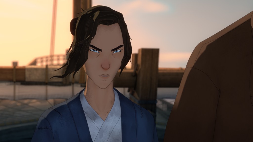 "Animated person with blue eyes and brown hair in a blue robe, standing outdoors on a dock at sunset, looking intensely forward; another figure partially visible on the right."

Blue Eye Samurai S2. Maya Erskine as Mizu in Blue Eye Samurai S2. Cr. COURTESY OF NETFLIX © 2026