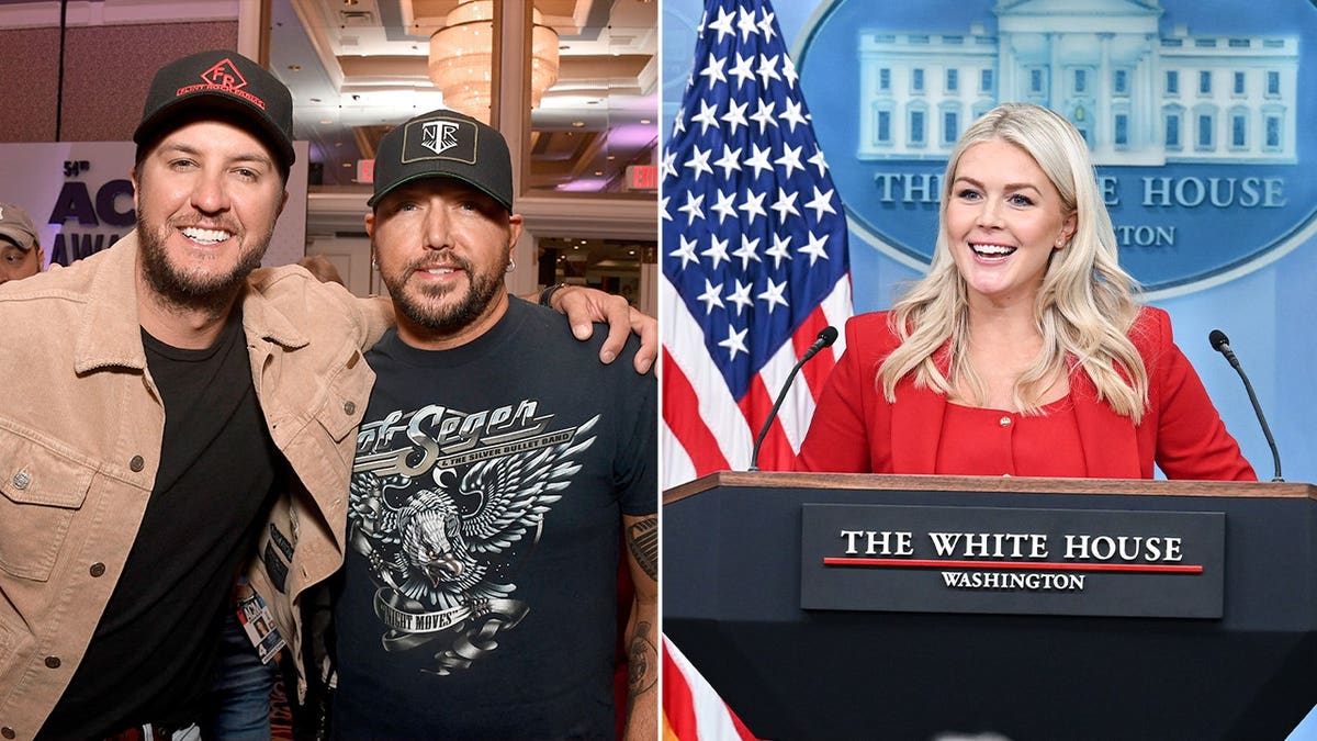 Side by side of Jason Aldean and Luke Bryan next to Karoline Leavitt White House Press Secretary.