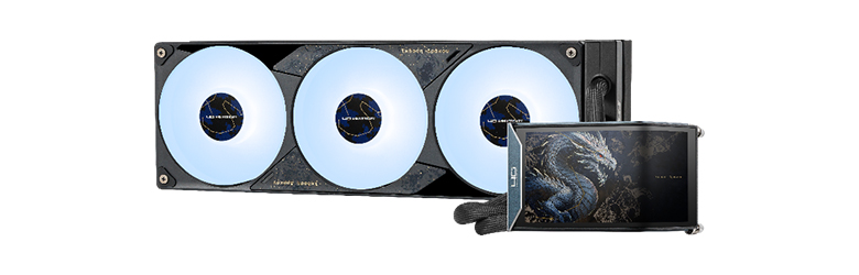 A DeepCool LT720 liquid CPU cooler with three illuminated fans and an accompanying fan controller featuring a dragon design.