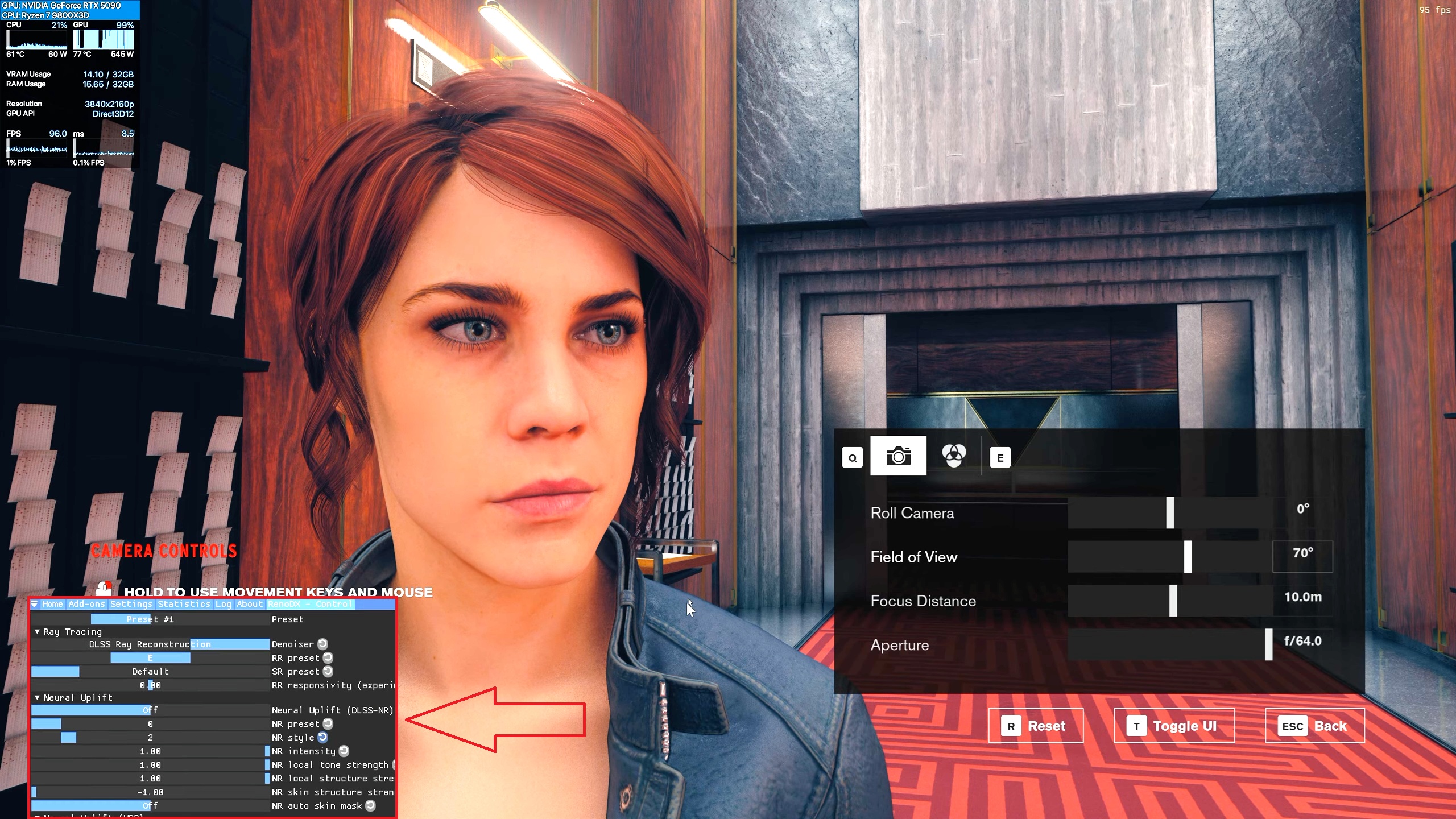 A character in the game Control is shown with an in-game photo mode interface, and an overlay displays a performance monitoring tool indicating use of an NVIDIA GeForce RTX 5090 graphics card.