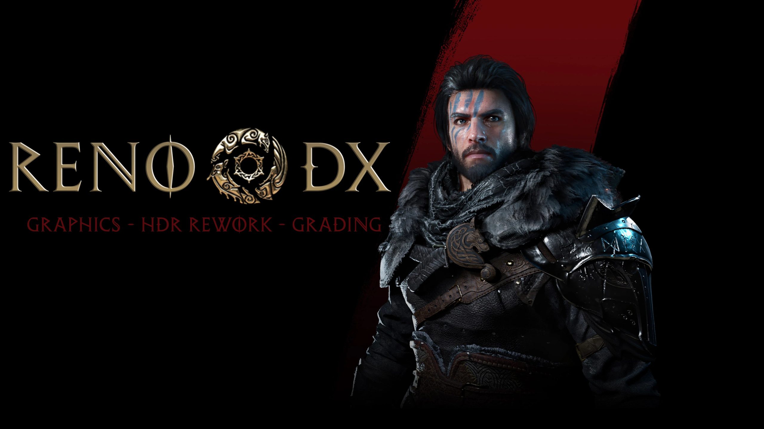 A character in fur armor from 'Reno DX' with text reading 'Graphics - HDR Rework - Grading.'