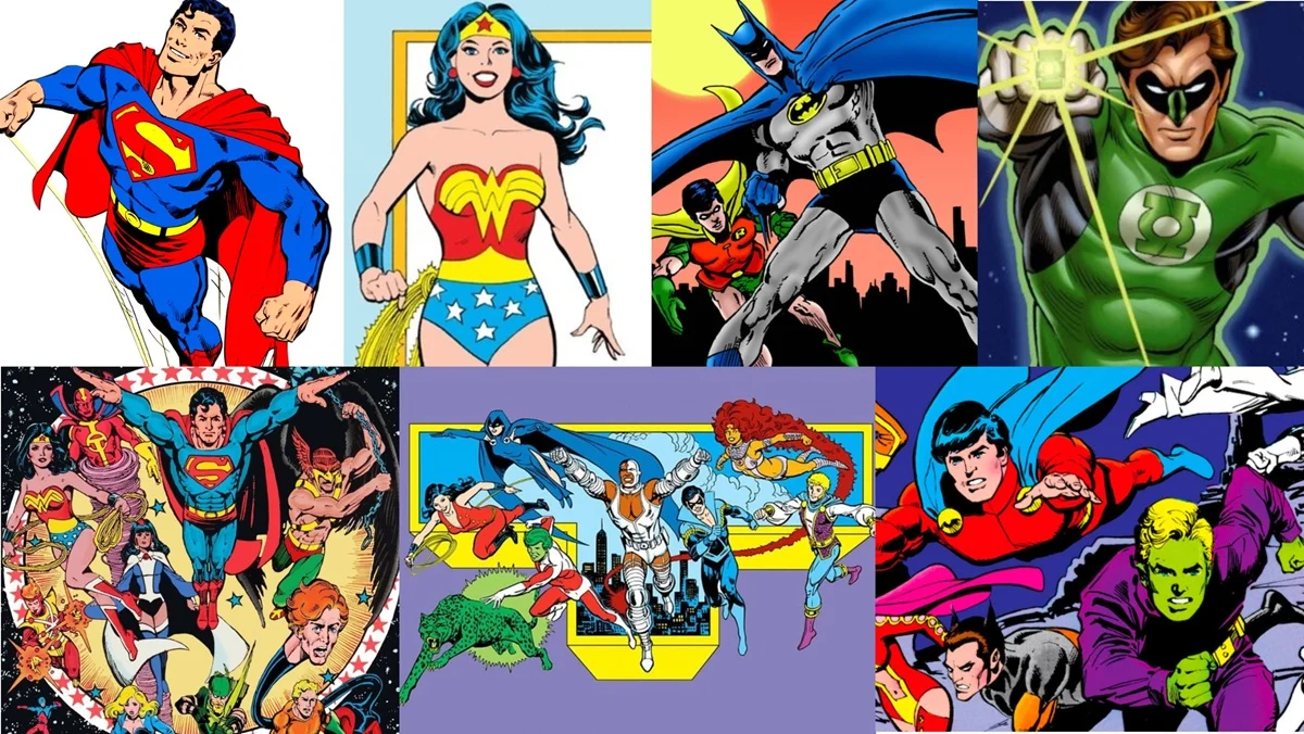 The DC characters Marvel would have published in the early '80s: Superman, Wonder Woman, Batman, Green Lantern, Justice League, Teen Titans, and Legion of Super-Heroes.