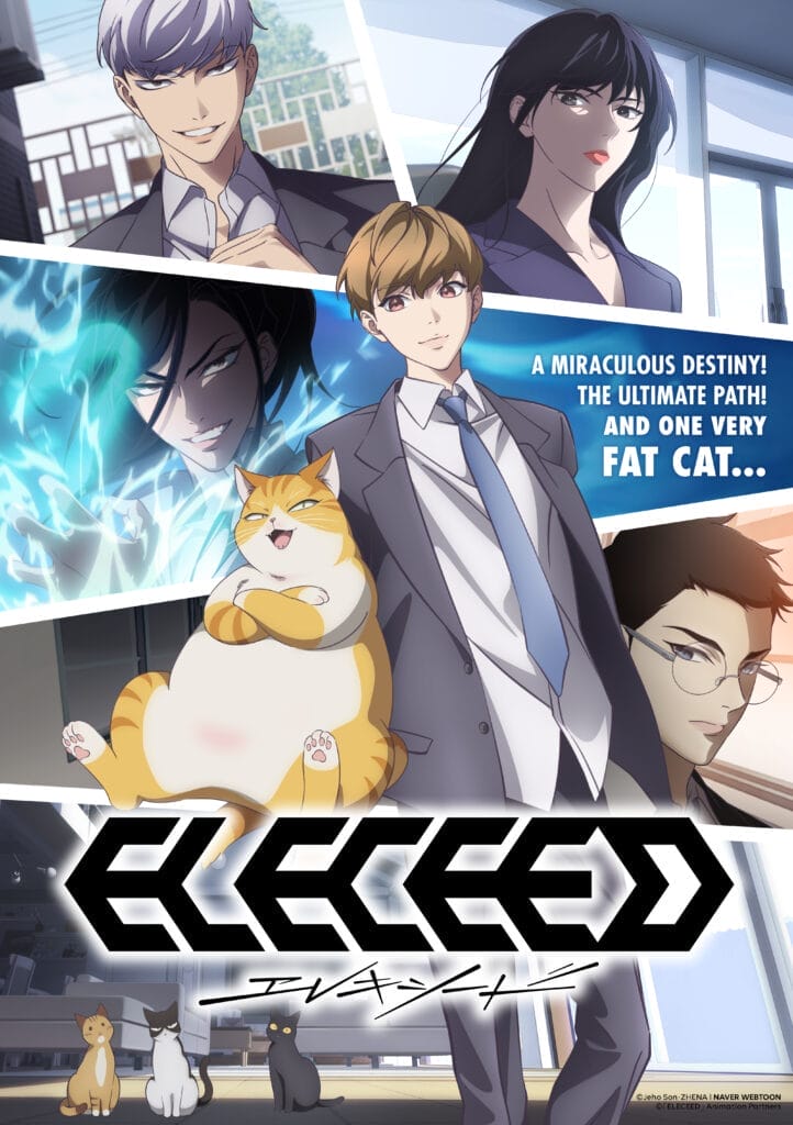 Key visual for Eleceed, which depicts  a man in a suit and a sassy orange cat posing in front of scenes from the show