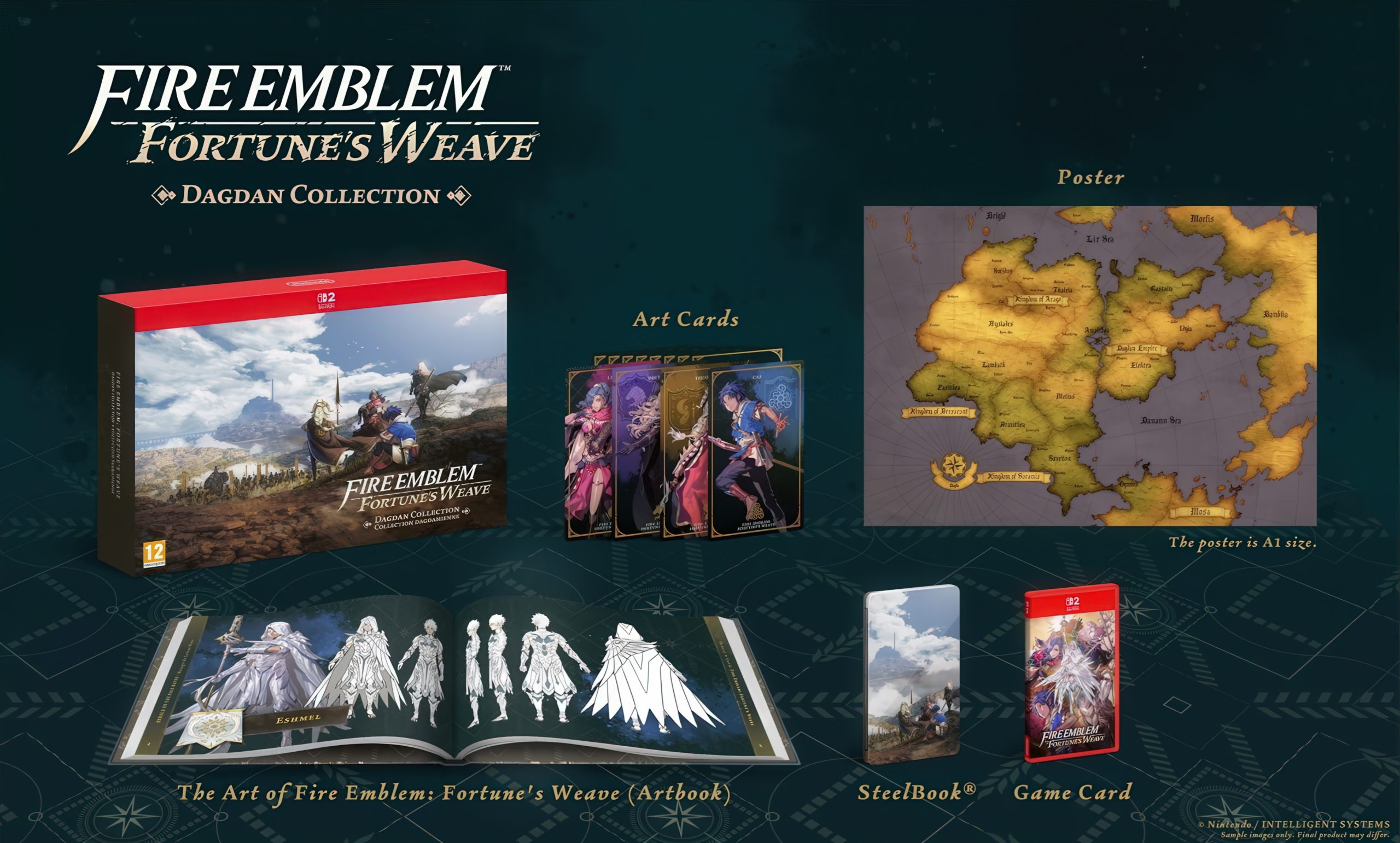 The Fire Emblem: Fortune's Weave Dagda Collection includes art cards, an A1 size poster, The Art of Fire Emblem: Fortune's Weave (Artbook), a SteelBook®, and a game card for Nintendo Switch.