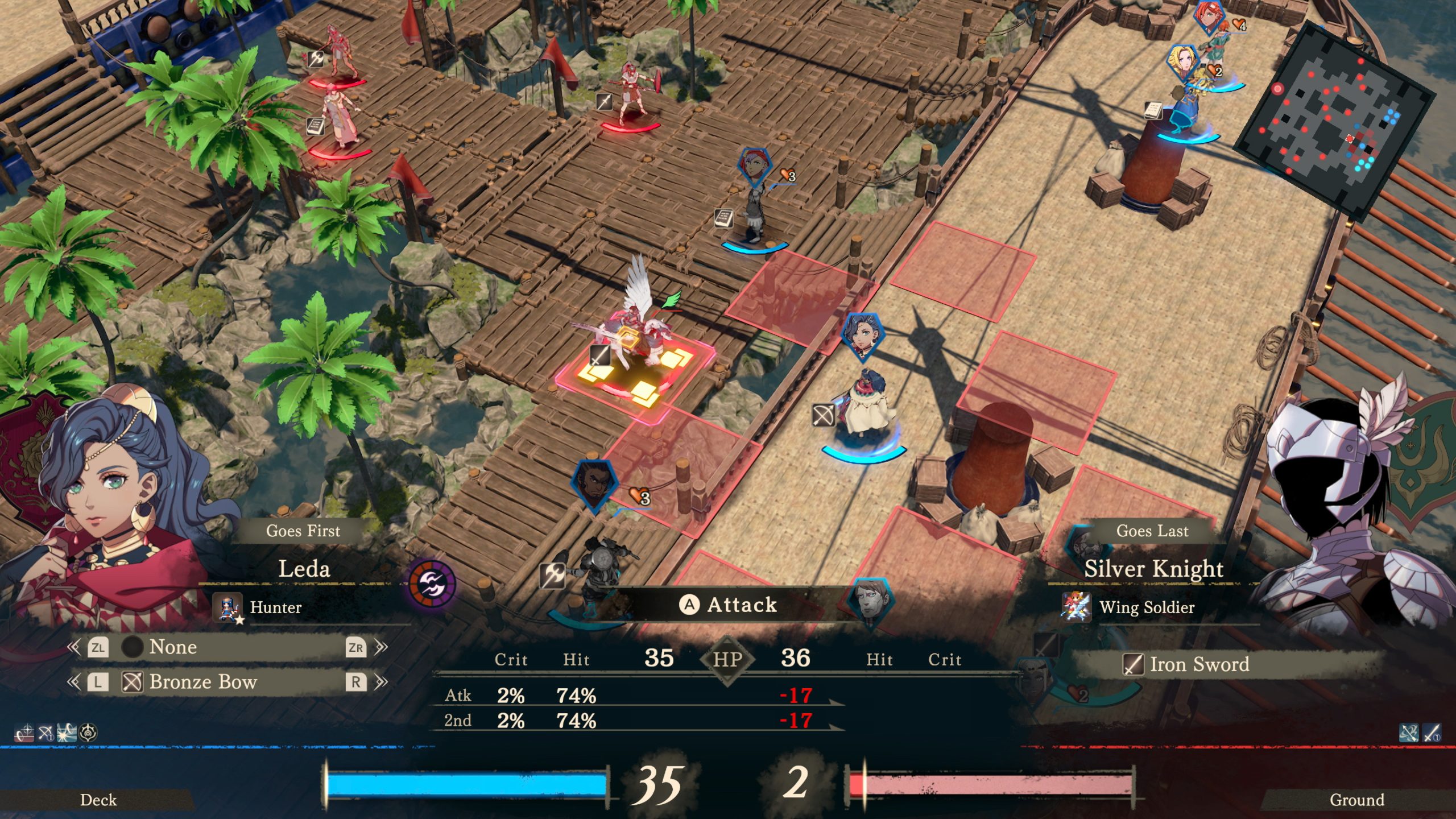 A turn-based battle scene in a strategy game shows the character Leda, labeled as a 'Hunter,' facing off against a 'Silver Knight,' with options for attacking using a 'Bronze Bow' or an 'Iron Sword' displayed on the UI.