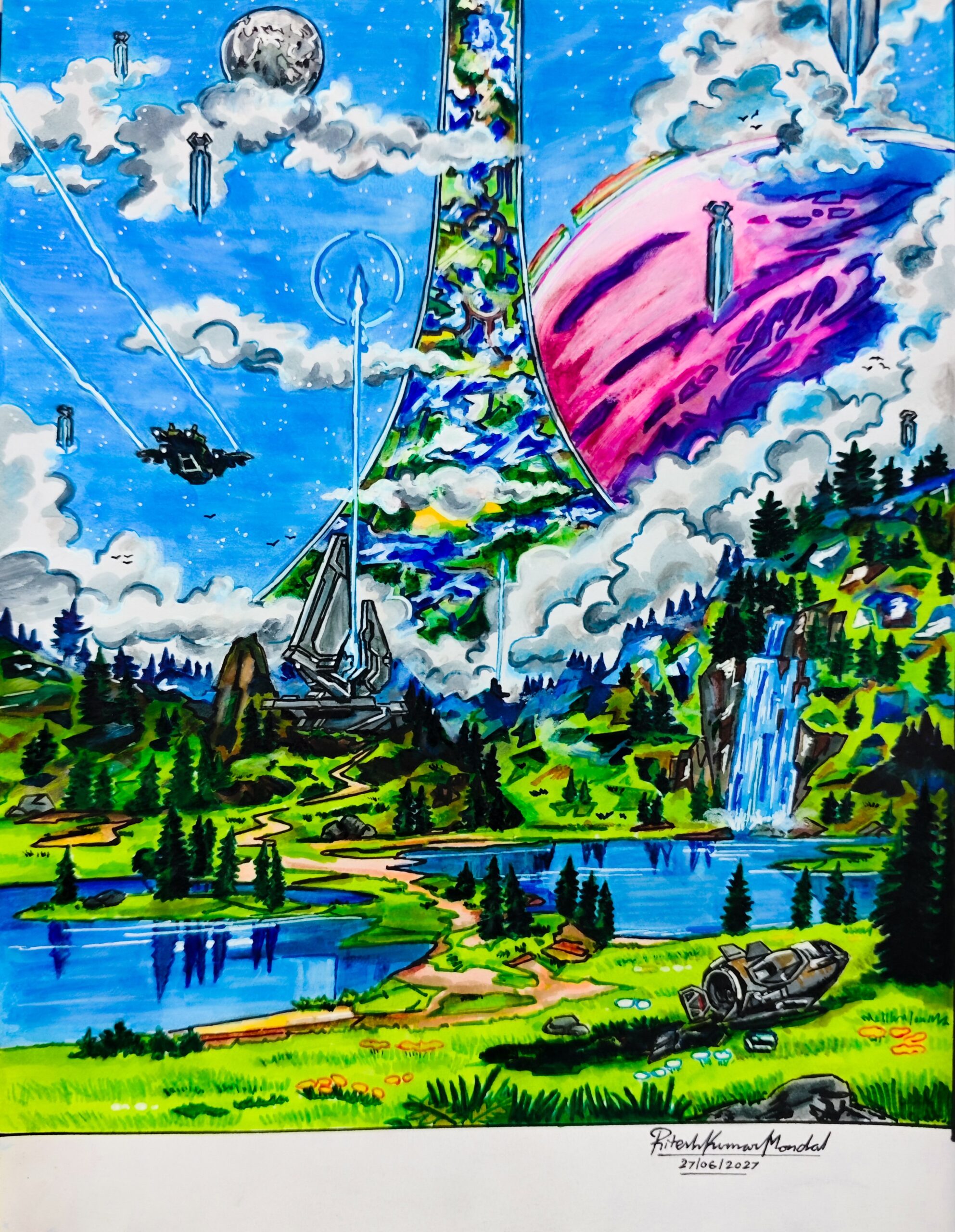Vista of Alpha Halo featuring the ring, a Pelican, Forerunner tower, and lush greenery.