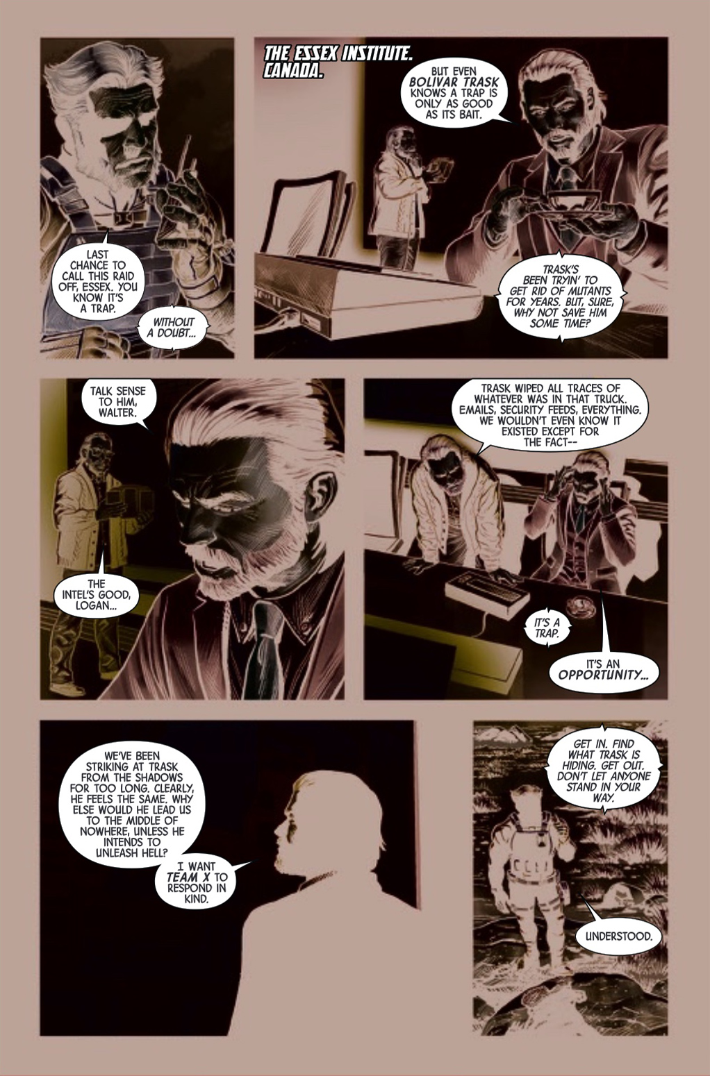 Marvel comic page depicts Wolverine and allies discussing a planned raid on the Essex Institute in Canada.