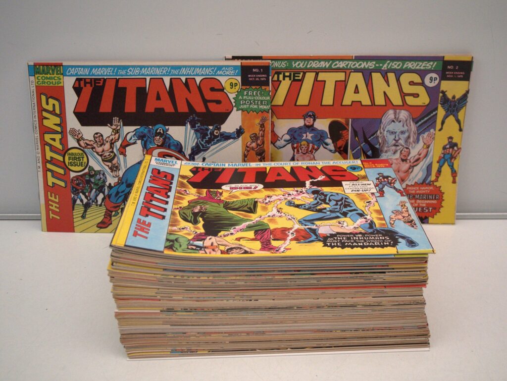 THE TITANS #1 to 58 (58 in Lot) - (1975/76 - MARVEL UK) - Full complete run of the series from issue #1 (25 Oct. 1975) to issue #58 (24 Nov. 1976) - Includes the FREE GIFT poster with issue #1