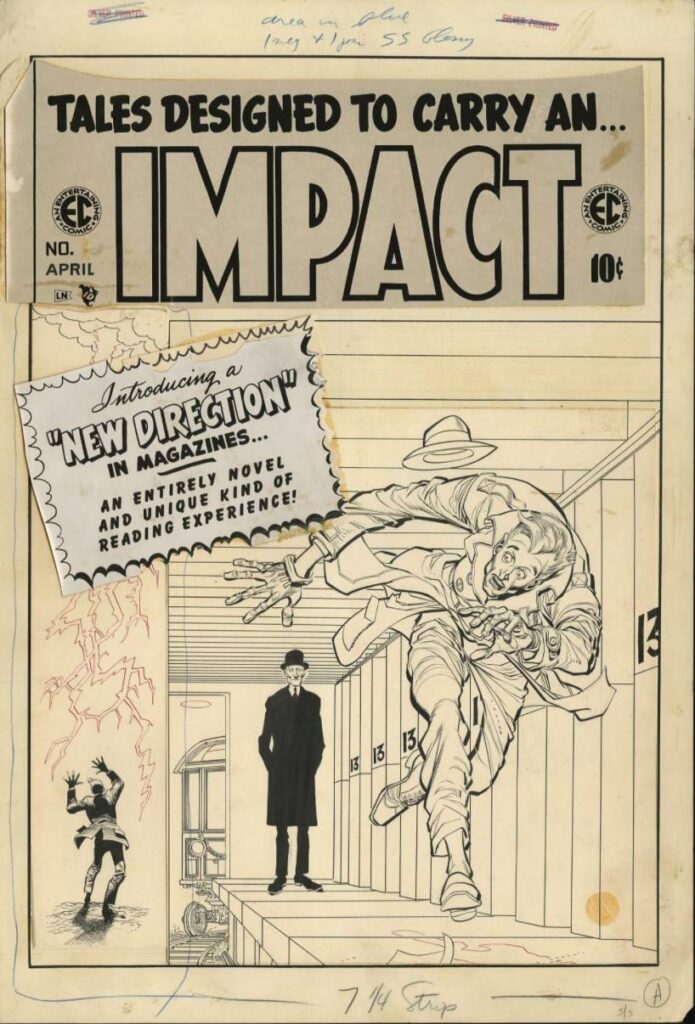 Jack Davis drew the cover for Impact #1 interpreting a scene based on editor Al Feldstein's story “Master Race", the strip in the issue drawn by Bernard Krigstein