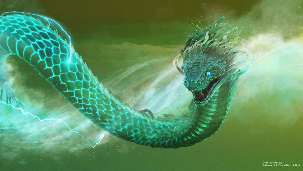 Concept art for the Tsukán animatronic in Indiana Jones and the Myth of the Jade Serpent