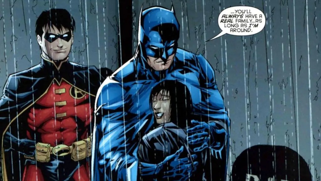 Batman hugs Batgirl