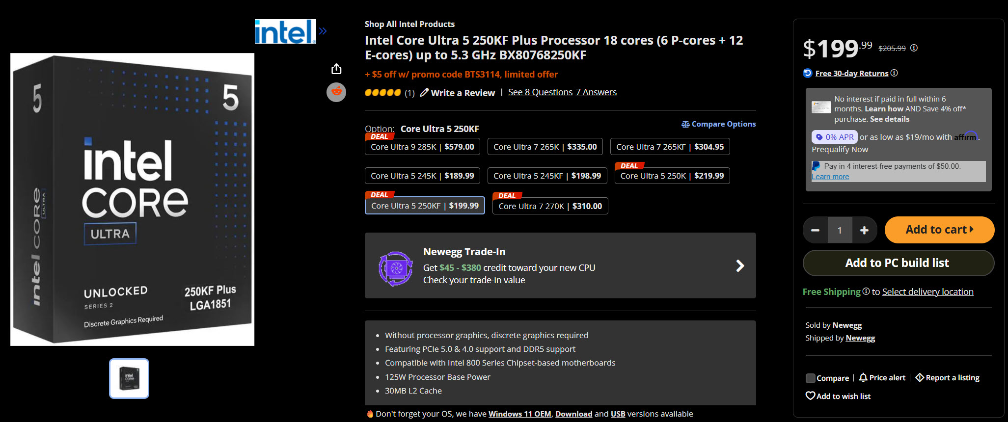 An Intel Core Ultra 5 250KF Plus processor is listed for $199.99 on Newegg, featuring 18 cores and up to 5.3 GHz.