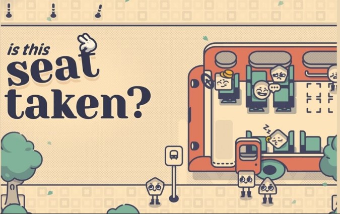 Is this seat taken? showing a bus layout with various shape people sitting on seats. Published on LadiesGamers.