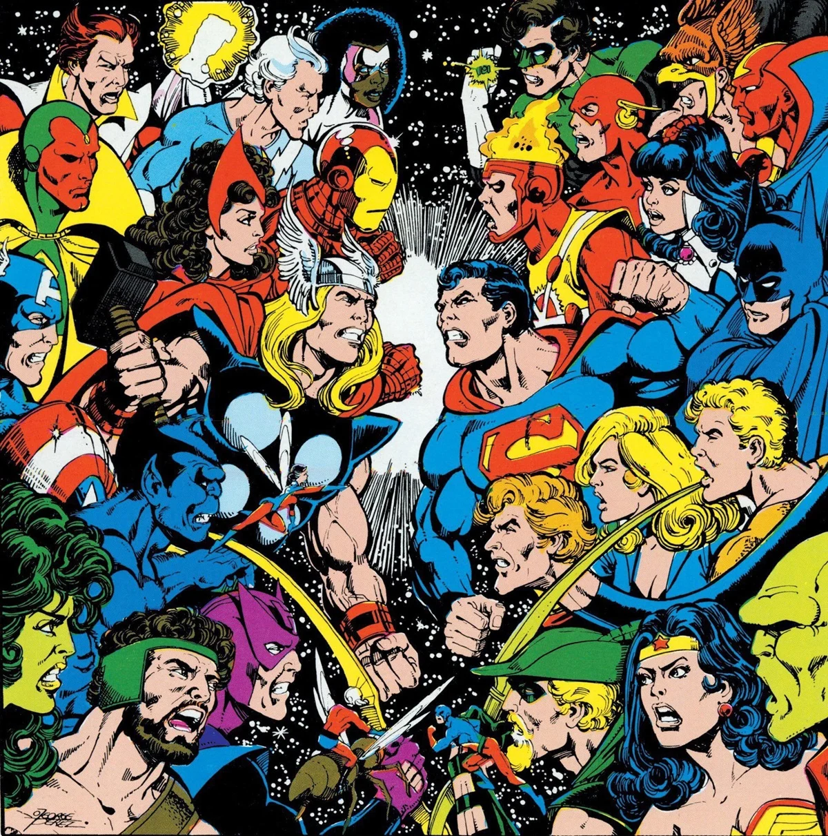 The original cover for the Justice League of America and Avengers crossover from 1983 by George Perez.