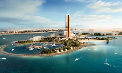 A rendering of Wynn Al Marjan Island, with its marina and shoreline visible. Photo: Wynn
