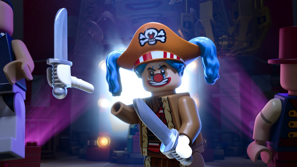 "LEGO clown pirate minifigure with blue pigtails, orange pirate hat, and swords, standing on a stage with dramatic lighting and two other minifigures in a colorful, theatrical environment."