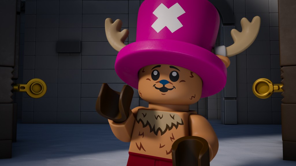 "A LEGO figure with antlers and a pink hat with a white X stands in a dimly lit, gray brick room with two keyholes on either side, giving a playful expression."