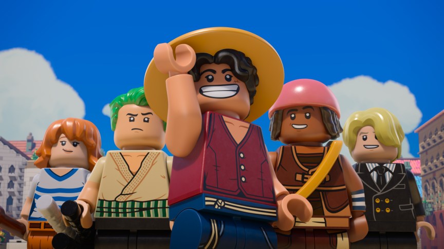 (L to R) Emily Rudd as Nami, Mackenyu as Roronoa Zoro, Iñaki Godoy as Monkey D. Luffy, Jacob Romero as Usopp and Taz Skylar as Sanji in LEGO ONE PIECE