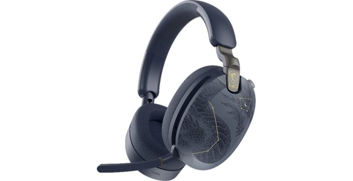 Blue MSI Immerse GH50 gaming headset with intricate design and gold logo details on the ear cups.