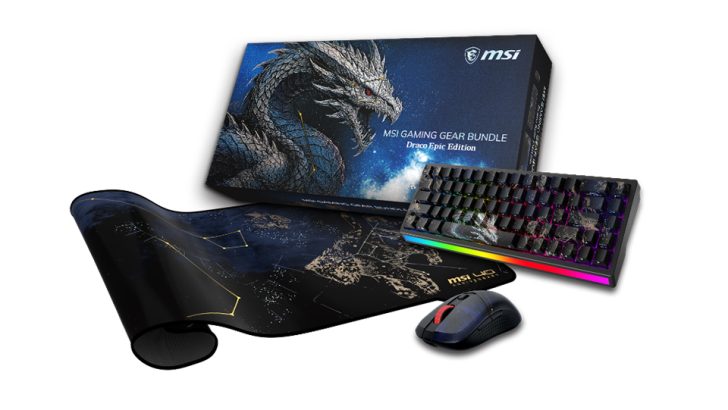The image shows the MSI Gaming Gear Bundle Draco Epic Edition, including a keyboard, mouse, and mouse pad featuring a dragon design.