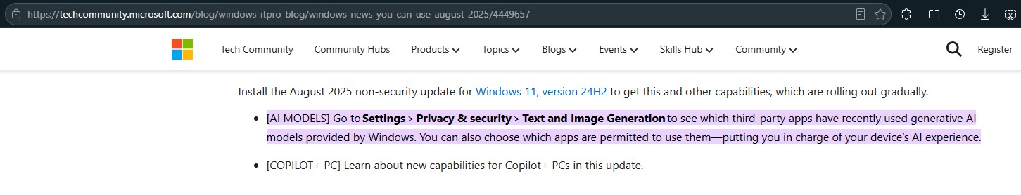 Microsoft's official documentation mentioning Text and Image Generation in Windows 11 Privacy settings