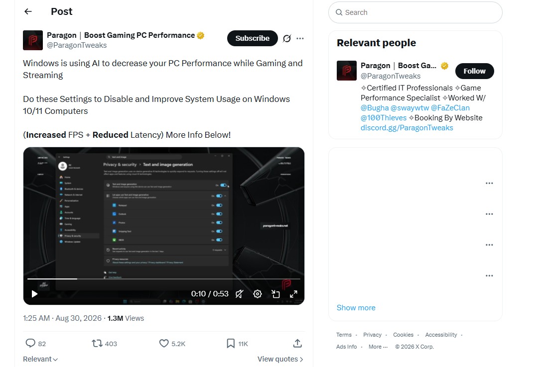 Misleading X post claiming Windows 11 is using AI to decrease PC performance while gaming and streaming already got 1.3M views