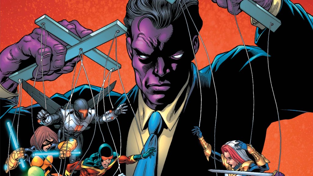 Purple Man with the Thunderbolts on puppet strings