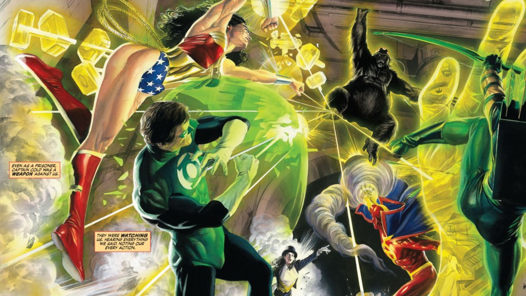 Gorilla Grodd using the yellow power ring to fight Wonder Woman, Green Lantern, Zatanna, Red Tornado, and Green Arrow