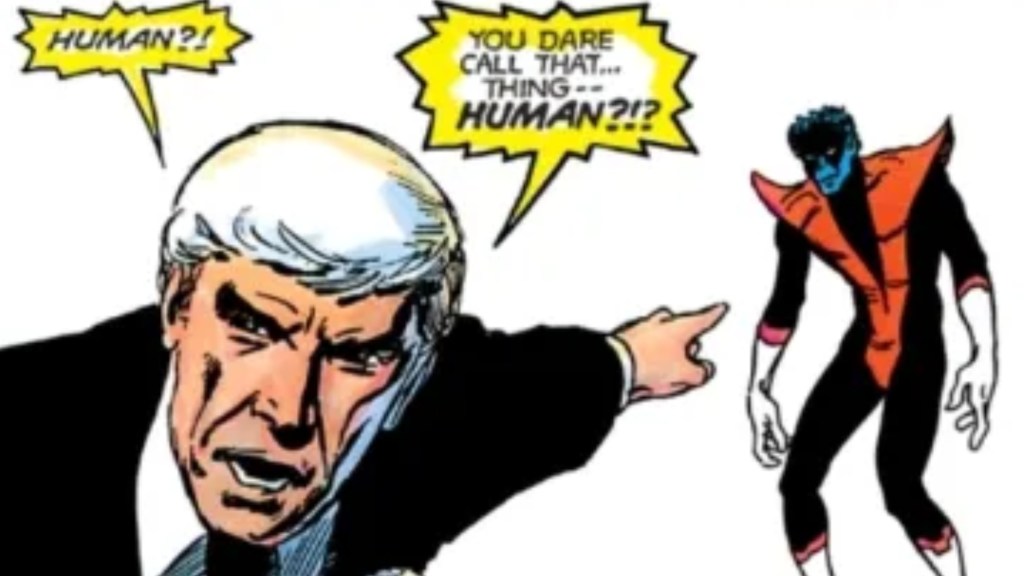 Stryker pointing at Nightcrawler and asking why anyone would call him human