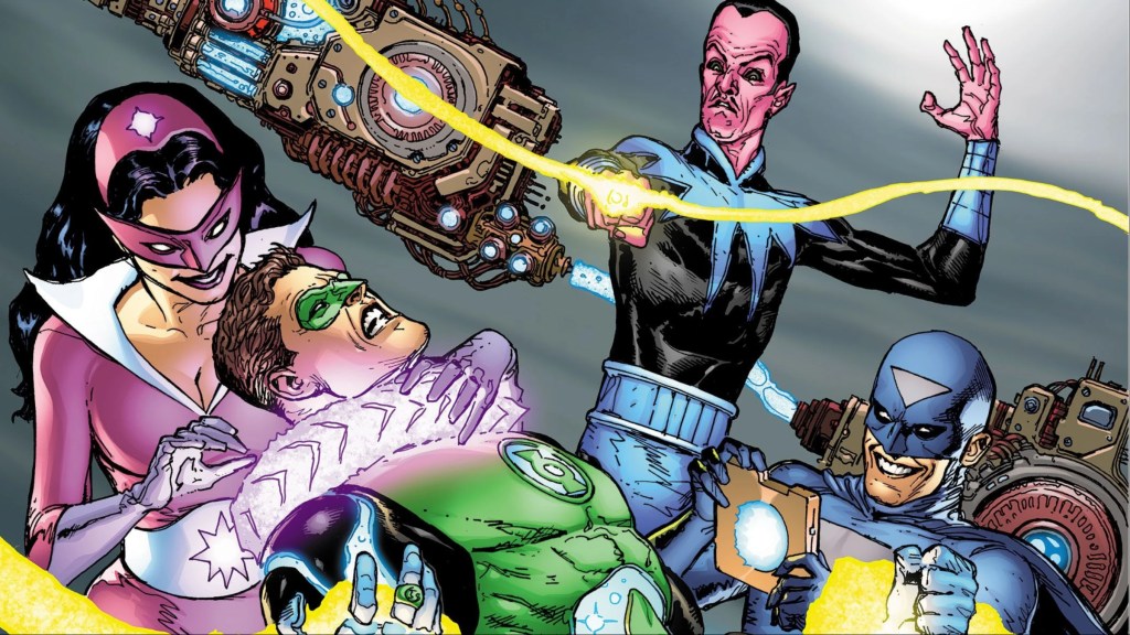 Sinestro, Star Sapphire, and Black Hand fighting Hal Jordan