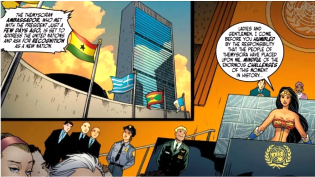 Wonder Woman speaking to the UN