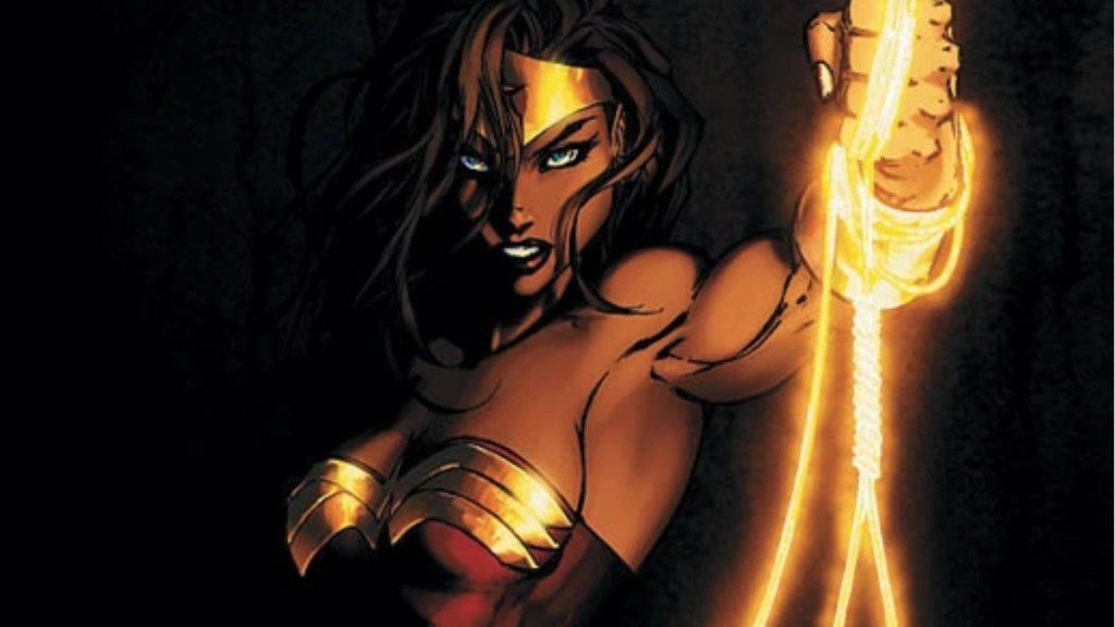 Wonder Woman holding up her Lasso of Truth