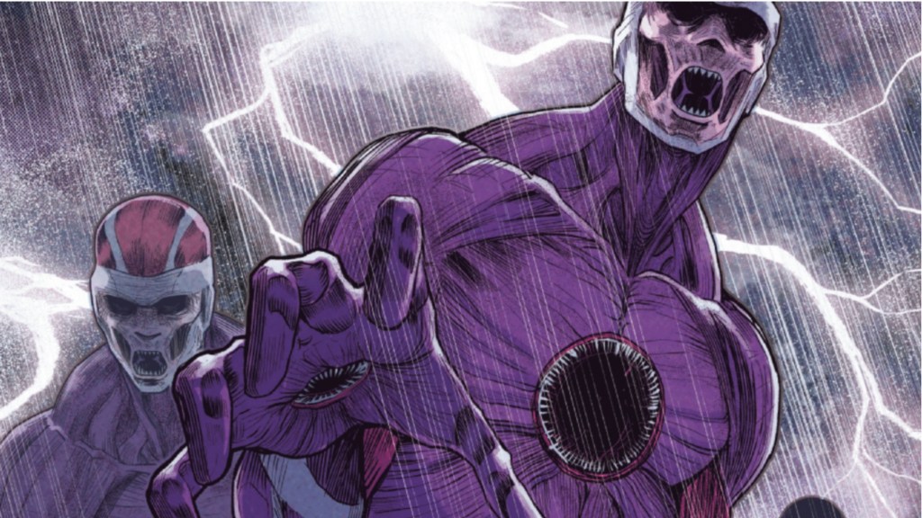 Evil demon Sentinels in the rain with lightning striking behind him